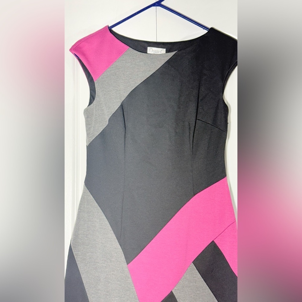 Maggy L Color Block Sheath Dress Size 6 Pink Grey Black Geometric Work Party - Picture 3 of 8